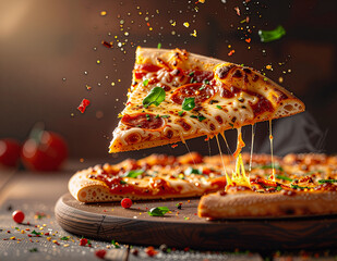 Gooey Cheesy Pizza With Fresh Basil On Wooden Board, Melting Mozzarella Stretching Delight, Hot And Aromatic