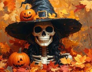 Super realistic and cartoon variations of Halloween skeleton witch illustration with pumpkins, moon, and negative space. AI generated, perfect for posters and commercial use.