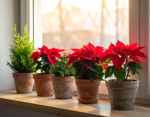 Fototapeta premium Potted poinsettias and mini evergreens on windowsill
