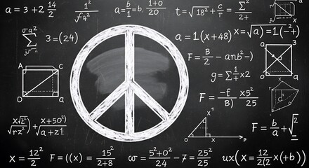 Harmony symbolized by mathematical equations beside a drawn peace sign
