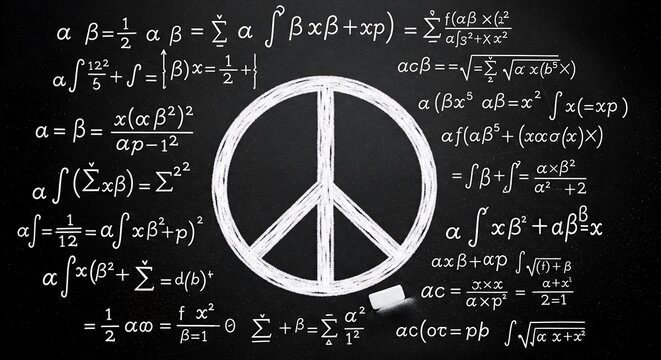 Drawn peace sign beside mathematical equations on chalkboard, a symbol of harmony