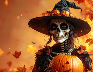 Super realistic and cartoon variations of Halloween skeleton witch illustration with pumpkins, moon, and negative space. AI generated, perfect for posters and commercial use.