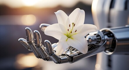 White flower gently held by a robotic hand, a symbol of technology serving humanity