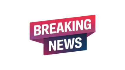 Dynamic breaking news announcement sign with bold white text on a gradient red and blue banner isolated on transparent background