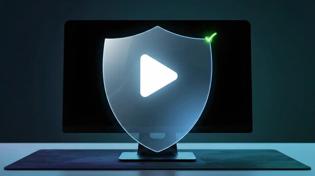 DLP Protection: Screen Capture Blocked as a shield disc intercepts a camera glyph approaching a monitor playframe; the glow is absorbed and a check befits the rim�policy holds firm.
