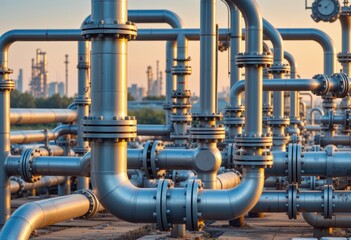 Complex network of blue industrial pipes glows under evening sky