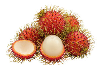 Isolated Pile of Rambutans Showing Cut Fruit and Whole Ripe Fruits with Hairy Spines