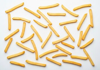 Fototapeta premium A scattering of golden brown french fries arranged randomly on a clean white background isolated on white background