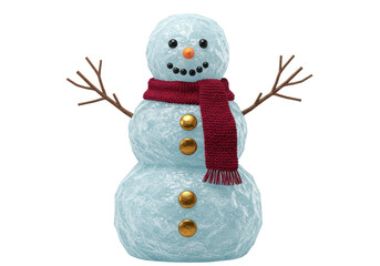 Isolated Christmas snowman with scarf, buttons, carrot nose and stick arms, 3d rendering