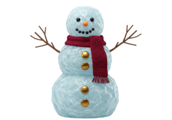 Isolated Christmas snowman with scarf, buttons, carrot nose and stick arms, 3d rendering