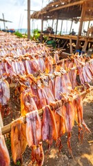 Dried squid hanging to sun-dry on wooden poles