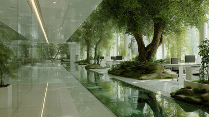 Sustainable office interior with glass walls green environment and eco friendly architectural