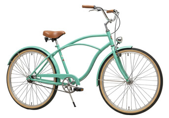 Fototapeta premium Isolated Aqua-Colored Beach Cruiser Bicycle with Light-Brown Seat, Stylish Transportation