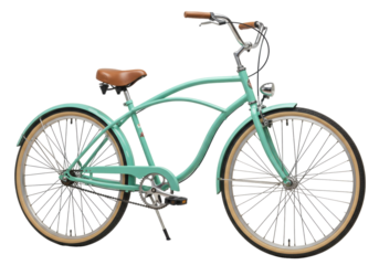 Isolated Aqua-Colored Beach Cruiser Bicycle with Light-Brown Seat, Stylish Transportation