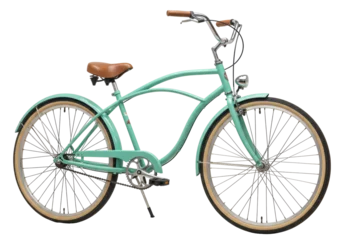 Schilderijen op glas Fiets Isolated Aqua-Colored Beach Cruiser Bicycle with Light-Brown Seat, Stylish Transportation  © Sindre