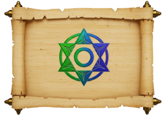 Isolated ancient scroll manuscript with magical Star of David in green and blue colors