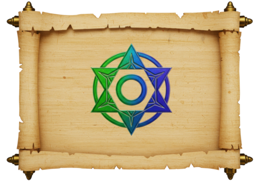 Isolated ancient scroll manuscript with magical Star of David in green and blue colors