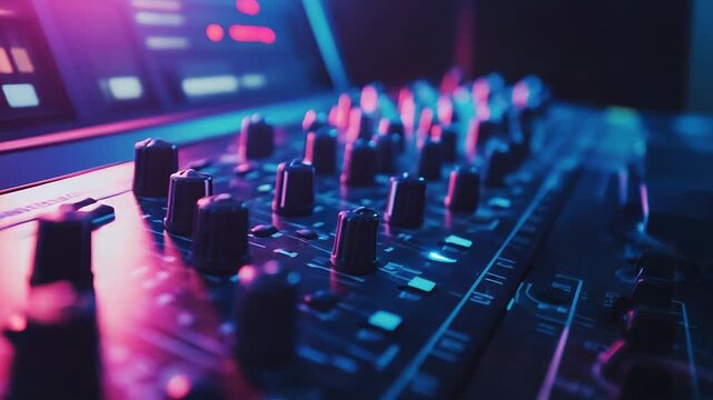 Close up of audio mixer with faders and knobs