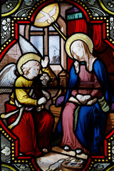 Church of the Cordeliers. Stained glass. The Annunciation by the angel Gabriel to the Virgin Mary. Lons le Saunier.  France.