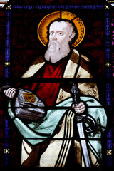 Church of the Cordeliers. Stained glass.  Saint Paul the Apostle with a sword, symbolizing his martyrdom and the Word of God. Lons le Saunier.  France.