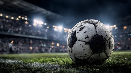 Close up of a weathered soccer ball on a stadium field at night