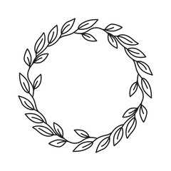 Elegant hand drawn outline leaf wreath circular frame with transparent background in simple black and white botanical art style