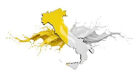 Italy map in the form of paint splashes isolated on transparent background conceptual collage showing the colors of the italian flag, yellow, white creative representation of italian culture and geogr