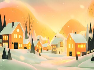 Whimsical winter landscape,  cozy village covered in snow, glowing windows, night sky with stars, magical atmosphere, perfect for New Year greeting card
