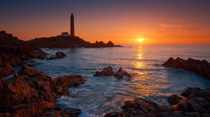 Coastal silhouette of lighthouse rocky shore glowing sunset reflecting on sea waves tranquil ocean landscape