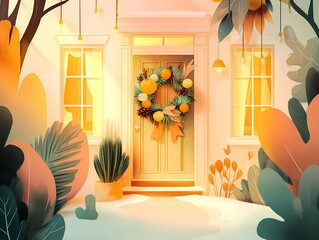 illustration of a festive wreath made of winter plants, pinecones, ribbons, and lights, detailed linework, luxurious New Year greeting design