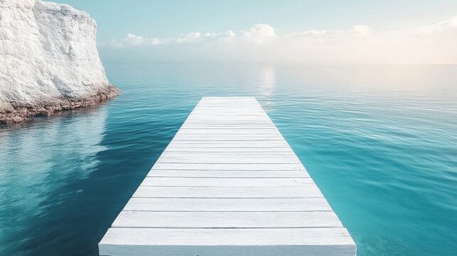 White pier extends over calm turquoise water towards hazy horizon, next to a light-colored cliff