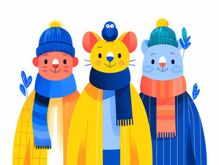 Cute animals in winter scarves and hats celebrating New Year, vector illustration, pastel tones, joyful and heartwarming style, children’s greeting card