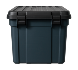 Sturdy plastic storage container with ribbed lid for safe stacking on job sites.