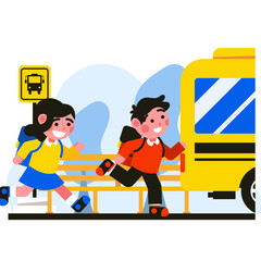 Joyful Children Running Towards School Bus With Backpacks Animated Flat Design Yellow Bus Blue Sky White Clouds In The Background