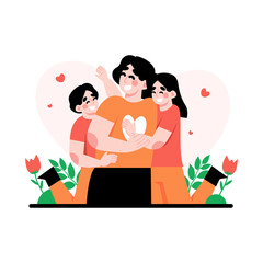 Joyful Mother Embraces Children Tenderly Surrounded by Hearts and Flowers Illustration