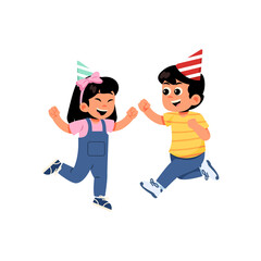 Joyful Young Boy and Girl Celebrating with Party Hats and Raised Fists in a Studio Setting with a Transparent Background