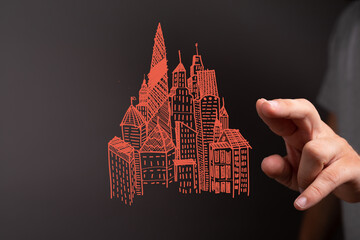 Hand gestures, city sketch, urban planning, development, real estate, architecture, growth, future,...