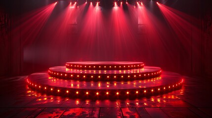 Empty Red Stage with Circular Platforms and Spotlights