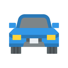 Blue Sedan Car Front View On Transparent Background With Yellow Headlights And Grey Wheels And White License Plate Area