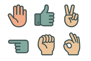 Fototapeta premium Collection of six different hand gestures showing communication signals on a white background