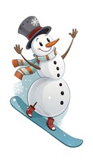 Snowman performing a flip on a snowboard, joyful and playful, on a transparent background, copy space