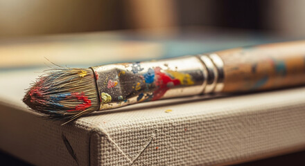 Closeup of a paintbrush with colorful paint on a canvas, showcasing the details of the bristles and the texture of the canvas surface