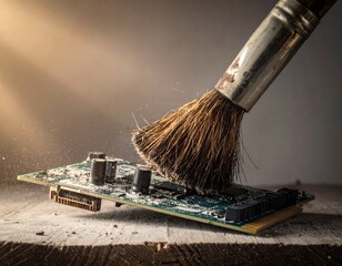 Dusty circuit board being cleaned with a brush