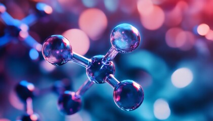 A 3D rendering of a molecule model is shown with shiny, transparent spheres connected by rods, set against a blurred background of pink and blue lights.