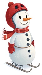 Snowman wearing a red helmet and scarf, ready to ski, on a transparent background, copy space