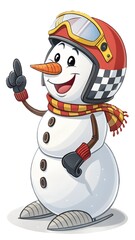 Racing snowman wearing a helmet and smiling, on a transparent background, copy space