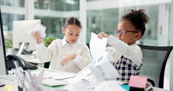 Child, tear documents and mess in office with chaos, laugh and pretend project with charts for review. Girl, team and throw paperwork with kids, administration and play games at financial agency