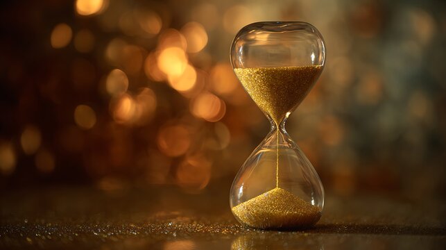 Golden sand flowing through an hourglass with bokeh lights