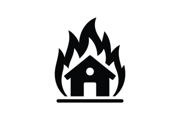 Simple silhouette icon of a house engulfed in flames and fire