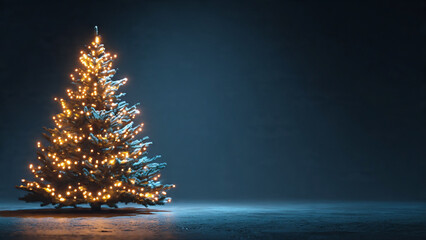 A realistic photo of a glowing Christmas tree with decorations, minimalist and Clean background